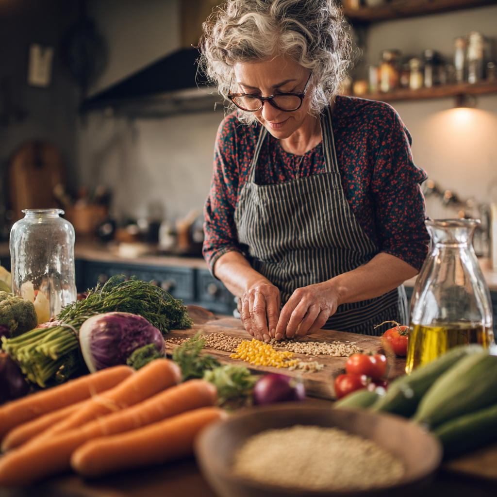 mature adult preparing colorful healthy meal with fresh vegetables and grains